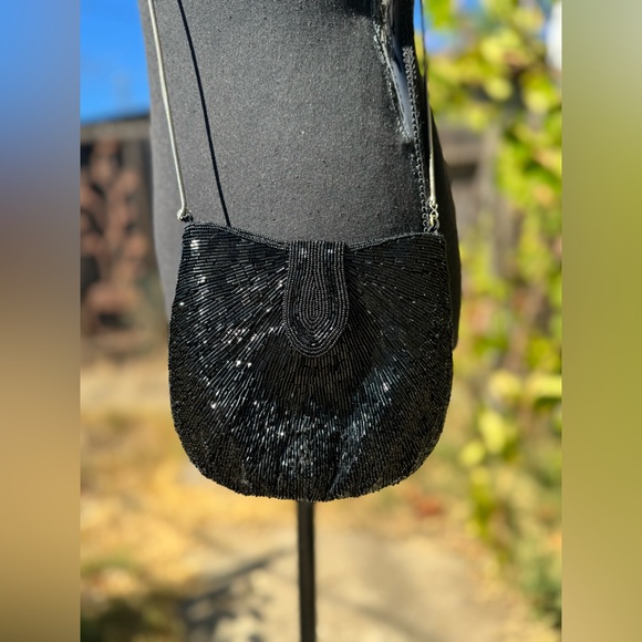 Vintage Hand Beaded Black Evening Shoulder Purse Bag - Picture 3 of 9